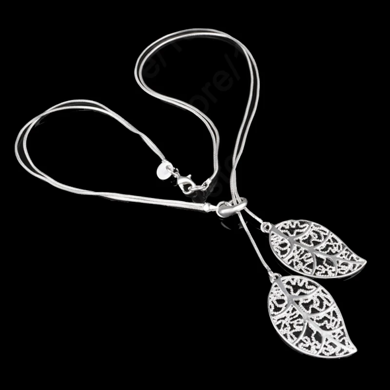 

Brand Designer Vintage Double Leaves Pendant Necklaces Collier 925 Sterling Silver Chain Women Elegant Necklace