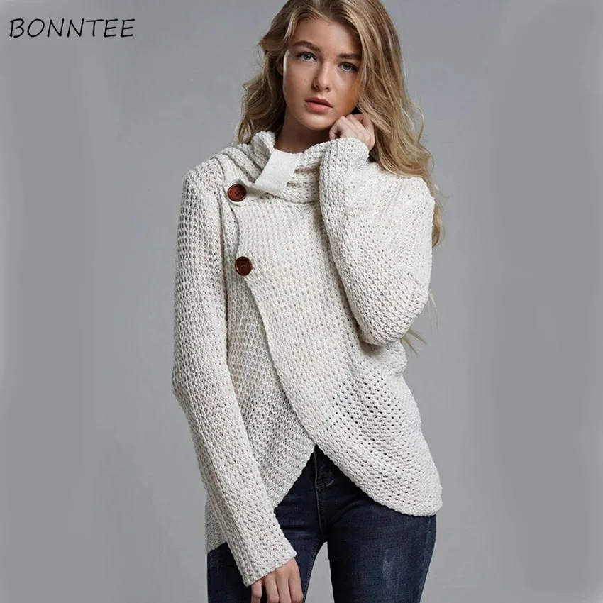 

Cardigans Women Solid Elegant Single Breasted Turtleneck Sweater European Style Trendy Knitted Cotton Womens All-match Cardigan