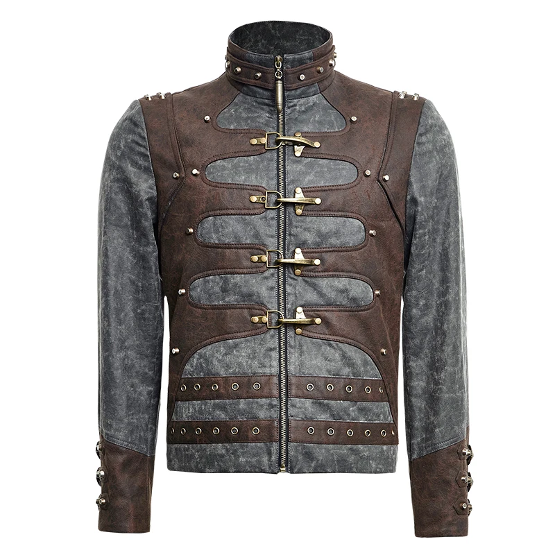 PUNK RAVE Mens Punk Short Jacket Coat Stand-up Collar Sipper Leather Novelty Hip Hop Streetwear Personality Jacket