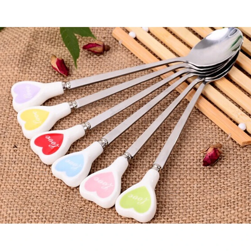

Ice cream dessert Tea Spoon Multicolor Love Hearts Long Ceramic Handle Stainless Steel Coffee Spoon Stirring Soup tableware
