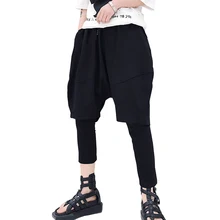 Супер красивые брюки-бойфренды, японская мода, девять штанов, темно-черный стиль, поддельные две брюки, хип-хоп, брюки