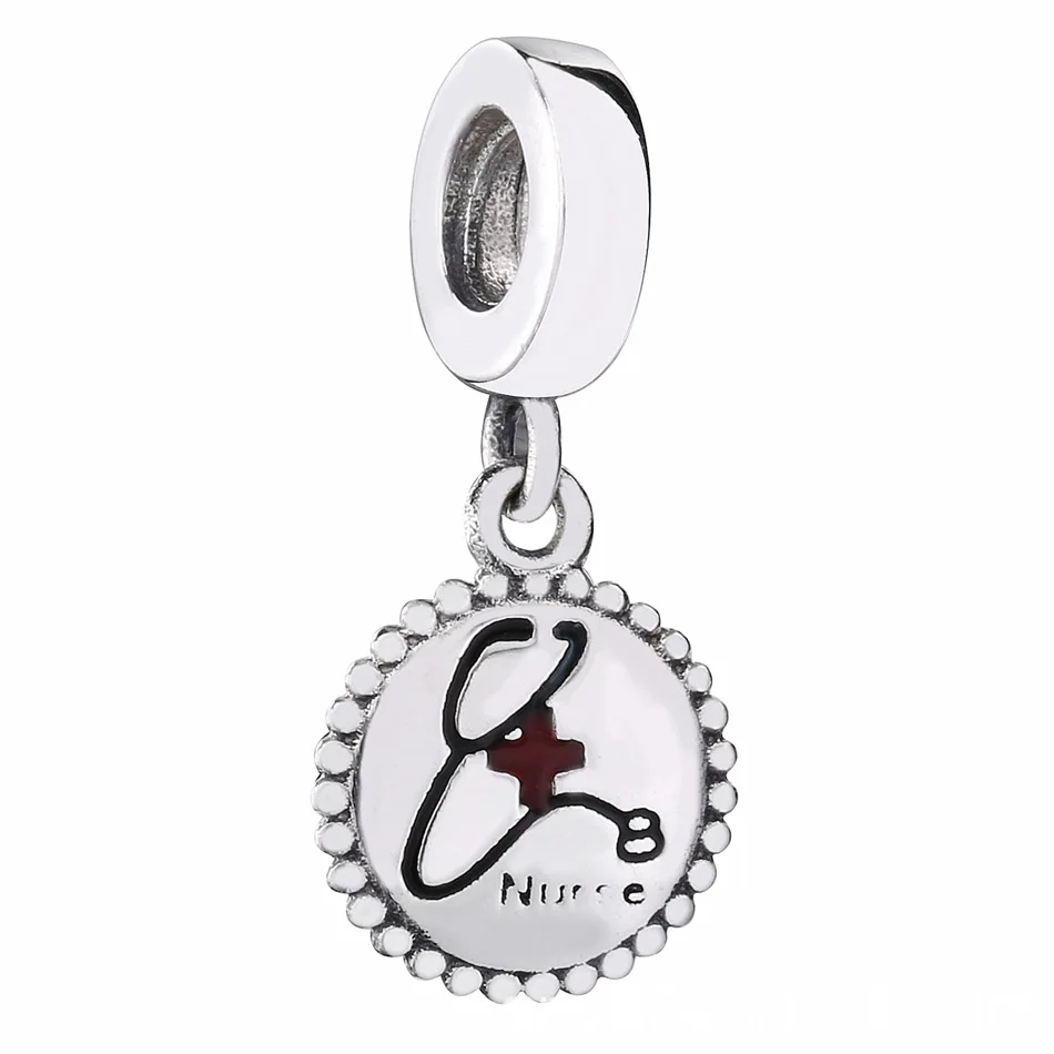 

New 925 Sterling Silver Bead Charm Black & Red Enamel Hospital Nurse Pendant Beads Fit Women Pandora Bracelet Bangle DIY Jewelry