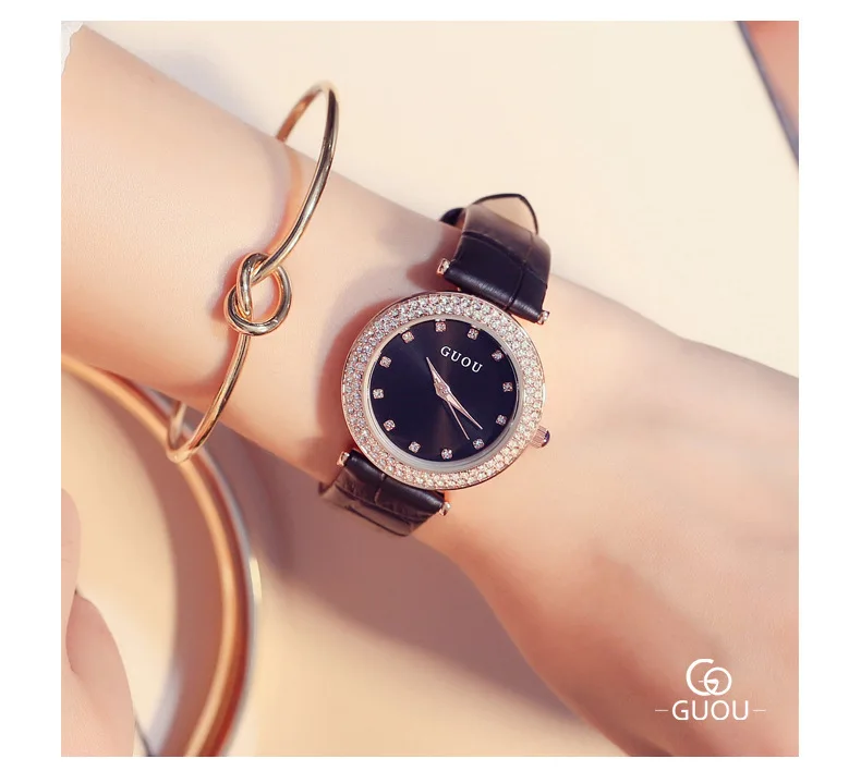 Guou Роскошные Брендовые женские часы 50 м водостойкие модные новые женские часы из натуральной кварцевые часы из розового золота
