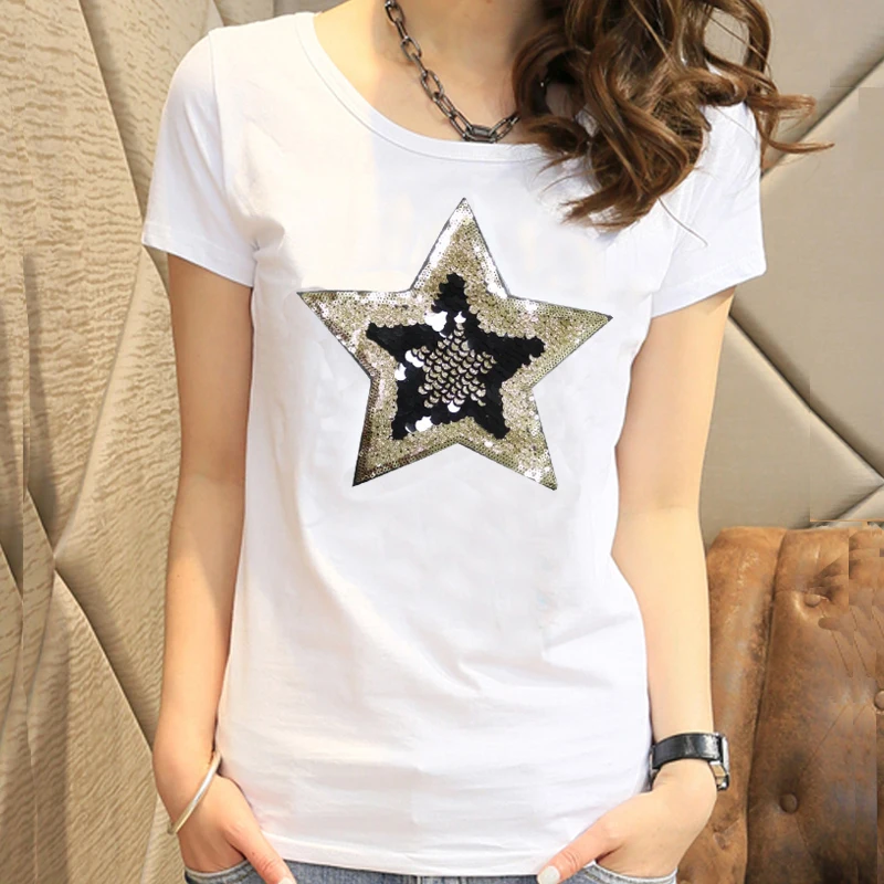 Women summer short sleeve slim cotton Five-pointed star Embroidery sequins tee t-shirts t-shirt t shirt for women shirt femme