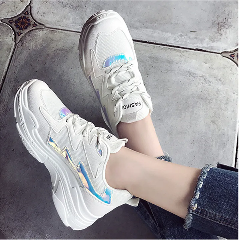 Новинка года; модные теннисные кроссовки на платформе; tenis feminino Dad; обувь из дышащего сетчатого материала; женская повседневная обувь; женские кроссовки; большой размер 43 - Цвет: BL12 -SILVER