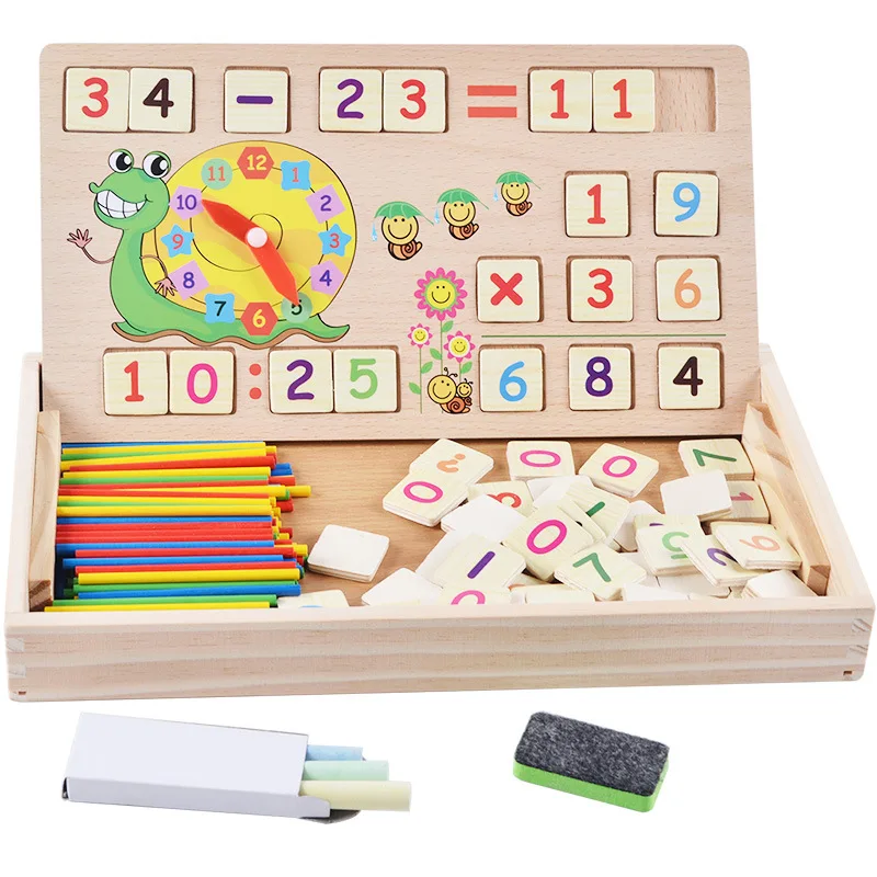 

Children Wooden Multifunctional Learning Box Math Toys with Counting Sticks Drawing Board Colorful Number Blocks Educational Toy