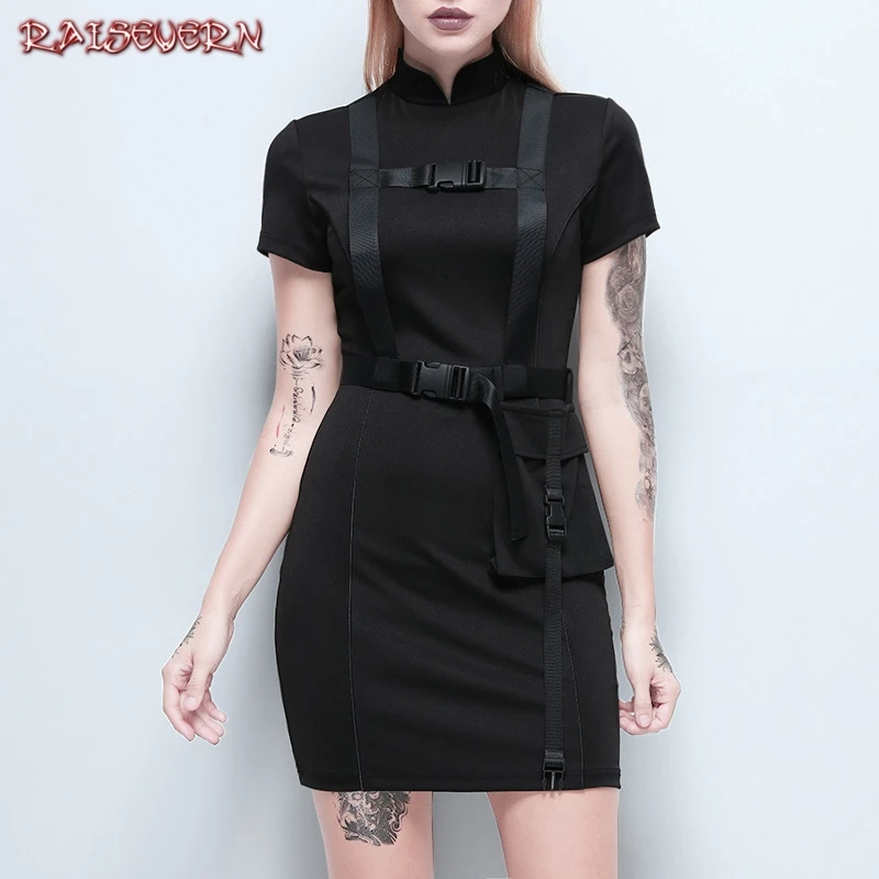 

RAISEVERN Goth Dark Vintage Banadage Evenging Party Dresses Gothic Elegant Solid Dress Patchwork Stand Neck Vestidos 2019