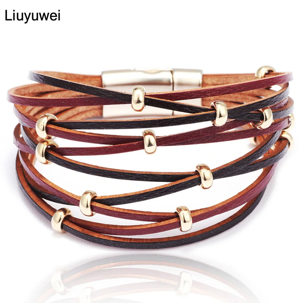 Multilayer Leather Bracelets for Women Men 6 Colors Magnet Clasp Charm Bohemian Wrap Bracelet&ampBangle Jewelry | Украшения и