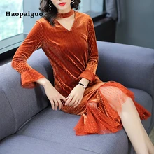 2018 Autumn Mesh Velvet Dress Women V-neck Flare Sleeve Trumpet Sexy Party Dress Winter Cotton Midi Women Wrap Dress Plus Size plus trumpet sleeve flare floral dress