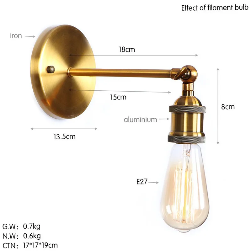 Лофт Стиль бронза Утюг бра Эдисон промышленного Винтаж светодиодный настенный светильник простой настройки прикроватные бра Освещение в