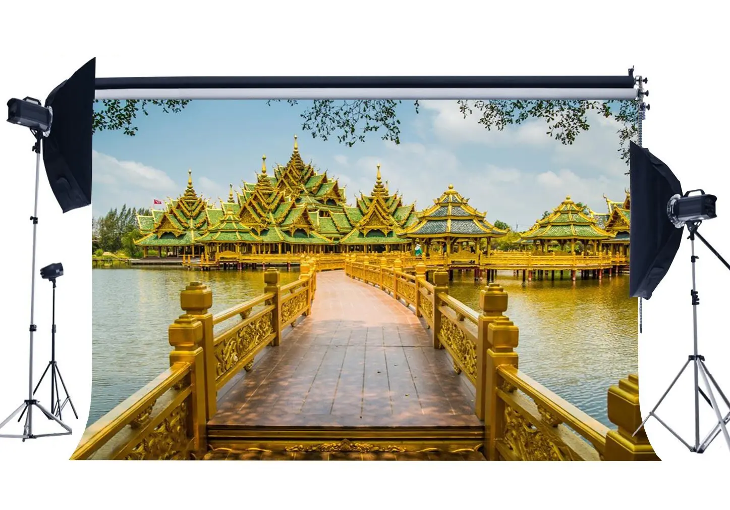 

Thailand Landscape Backdrop Luxurious Golden Pavilion Building Backdrops Wood Bridge Photography Background