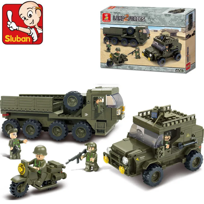 

Sluban 455Pcs Army Armored Vehicles Jeep Motorcycles 3D Construction Plastic Model Building Blocks Bricks Toys for Children