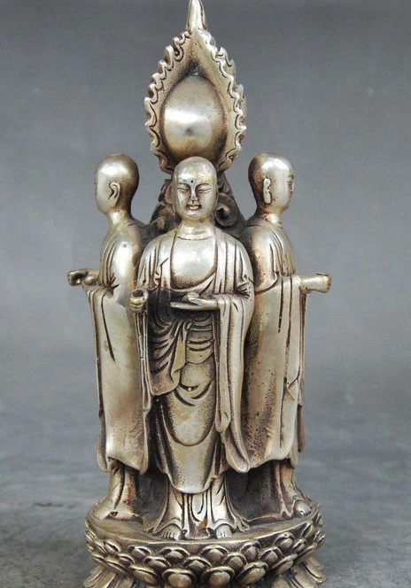 

7 Old China Buddhism Silver 4 Tang Seng Monk Ksitigarbha Boddhisattva Statue Set