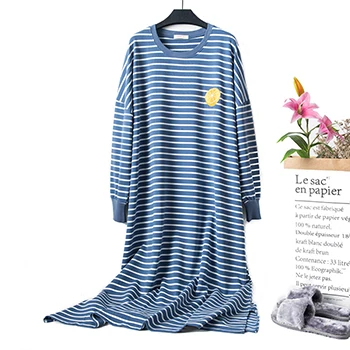 Цзиньсэнь Aite из хлопка в полоску с длинными рукавами большой Размеры домашнее платье для беременных, одежда для сна, Повседневное Для женщин ночные рубашки для девочек JS752 - Цвет: Синий