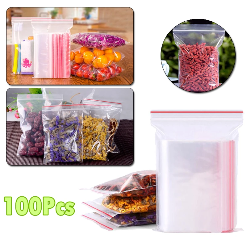 100 шт многоразовые пластиковые пакеты с застежкой самоклеющиеся прозрачные герметичные полиэтиленовые пакеты для упаковки пищевых продуктов