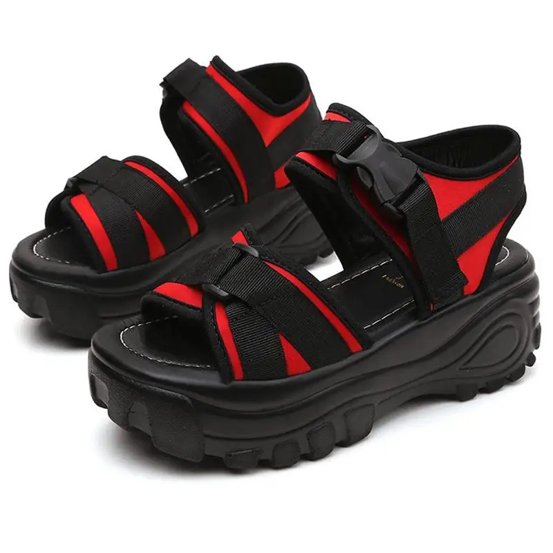 Летние женские черные удобные сандалии на платформе с пряжкой; женская пляжная обувь на толстой подошве - Цвет: Красный