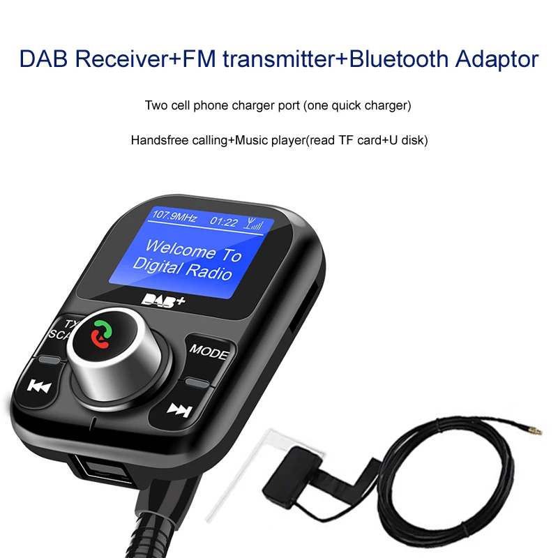 

DAB + Extension Antenna Receiver with USB Adapter Bluetooth Handsfree Calling FM Transmitter For Europe Australia