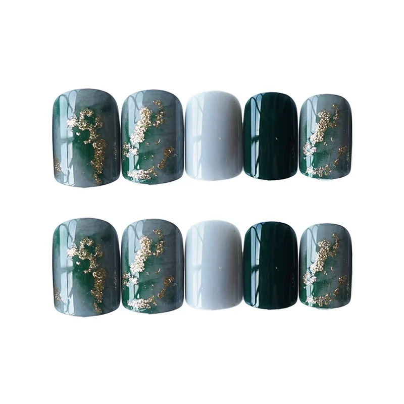

24 pcs Green Color Finished Fake Nails Square Short Full Cover False Nails Goldleaf Design Artificial Nail With Glue Stickers