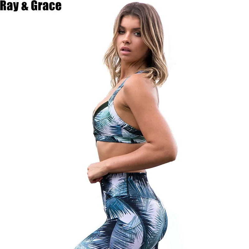 

RAY GRACE Fitness Women Yoga Set Halter Sleeveless Printed Leggings Yoga Suits Running Workout Gym Breathable Tight Slim Suits