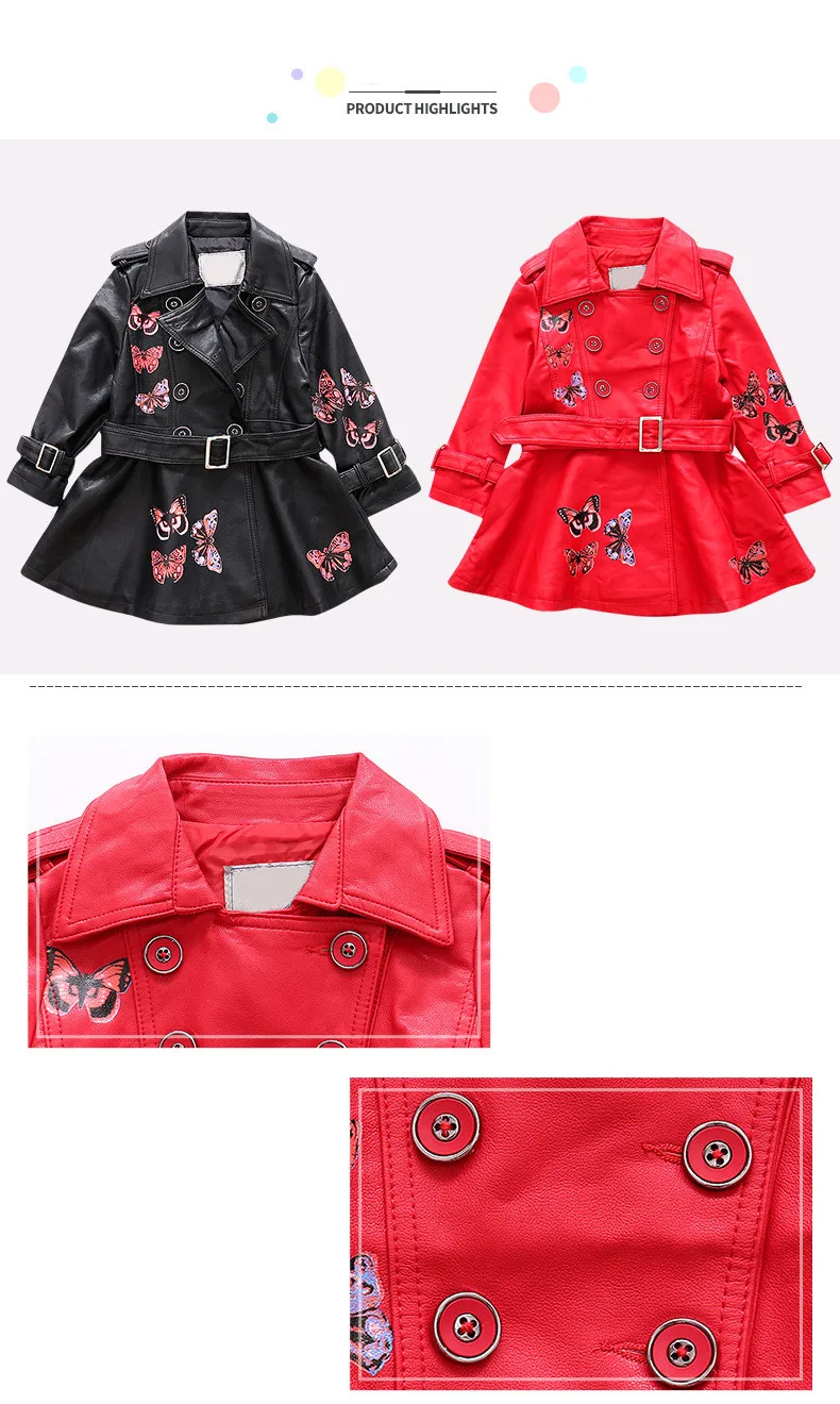 Новая узкая длинная куртка с бахромой и вышитыми бабочками для девочек, модное красное, черное кожаное пальто для девочек, верхняя одежда