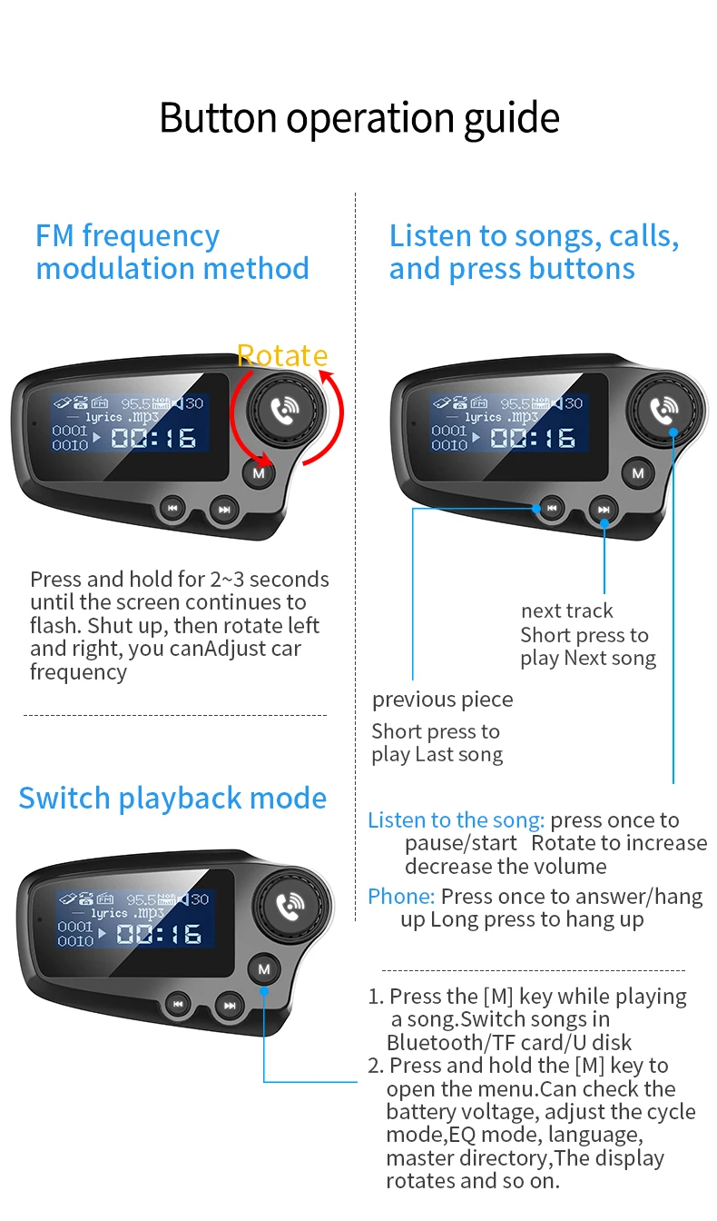 Автомобильный MP3-плеер Bluetooth fm-передатчик Hands-free автомобильный аудио-mp3 модулятор 1,74 дюймовый ЖК-дисплей 2.4A USB Автомобильное зарядное устройство