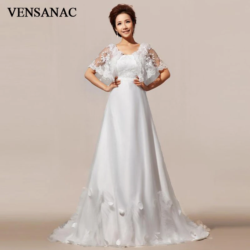 VENSANAC Boat Neck Lace Appliques Sweep Train A Line Wedding Dresses 2018 Ruffles Short Sleeve Backless Bridal Gowns | Свадьбы и