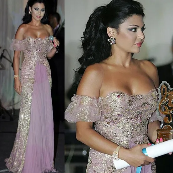 

2015 Haifa Wehbe Long Evening Dresses Vestido De Festa Off the Shoulder with Appliques Chiffon Formal Dresses Hot Sale