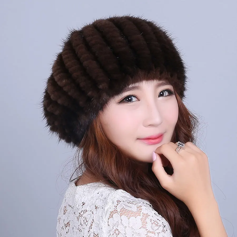 Winter Real Fur Hat For Women Natural Mink Fur Hat With Lining Knitted Fur Beanie Eeal Leather