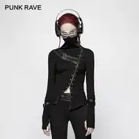 PUNK RAVE Gohic Style Turtleneck Metal Women T-shirt Steampunk Black Cotton Long Sleeve Woman T-shirt Casual Show Thin Tops