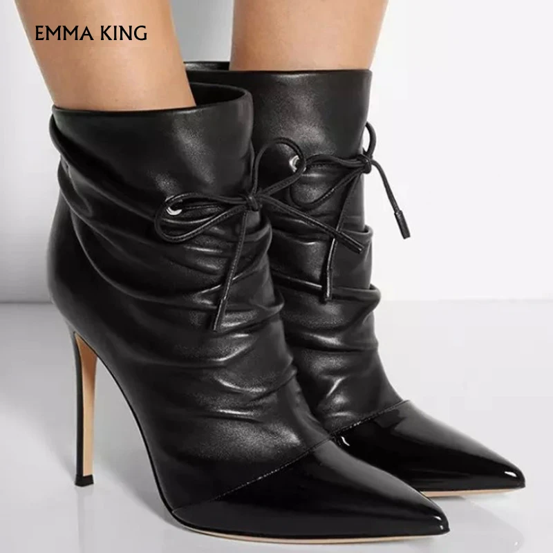 

EMMA KING high-heeled winter boots lace-up ankle boots solid pointed pleated shoes for woman fashion Party Booties Plus Size