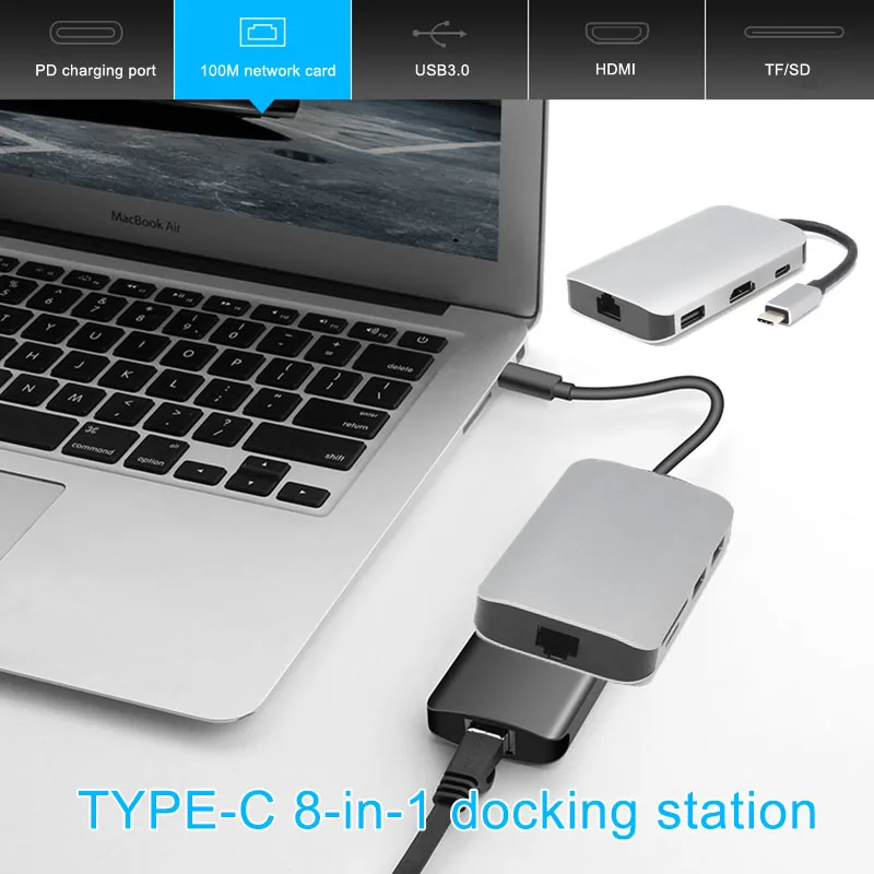 

New Hot 8 In 1 Type-C to HDMI HUB 4K High-Definition USB 3.1 Adapter Card Reader Converter for MacBook