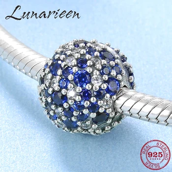 

925 Sterling Silver Charm Blue Zircons Round Shape Diy Clips Beads Fit Original Pandora Charms Bracelet Fashion Jewelry Making