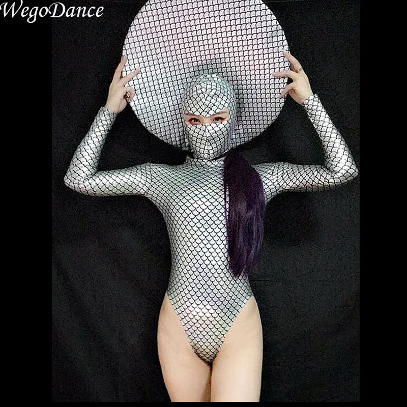 

fish scale bar gogo laser shows mask round headdress Bodysuit Big Hat Bar Party Catwalk Clothes