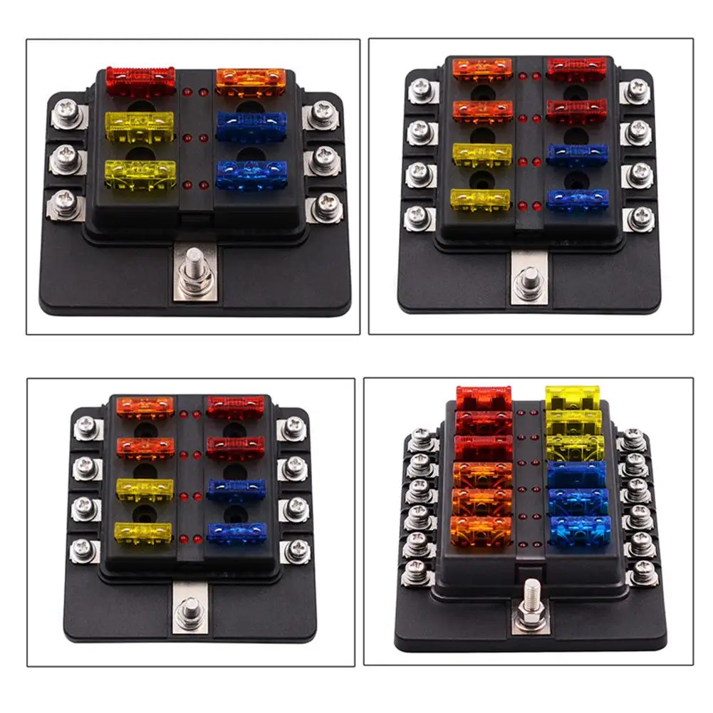 Car Screw Binding Post Model 12 Ways Fuse Box with LED Indicator Light Vehicle Truck Fuses Car Accessories