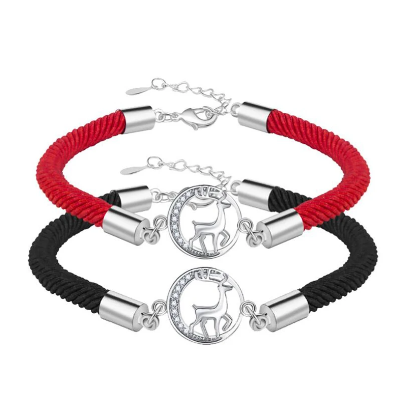 

2019 Hot Sale Charm 925 Silver Bracelets For Women Jewelry Shiny Zircon Cute Elk Red Black Rope Bangles Girl Holiday Party Gifts