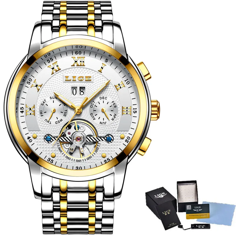 Relogio Masculino LIGE, мужские часы, Лидирующий бренд, Роскошные автоматические механические часы, мужские полностью стальные бизнес водонепроницаемые спортивные часы - Цвет: gold white