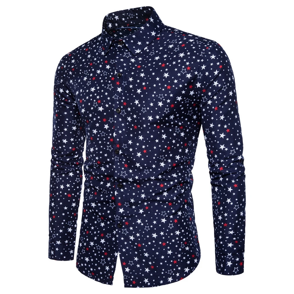 Новое поступление, мужская рубашка с рисунком, длинный рукав, цветочный принт, приталенная Мужская Повседневная рубашка мужская мода, платье, рубашки - Цвет: 16C708 Navy Blue