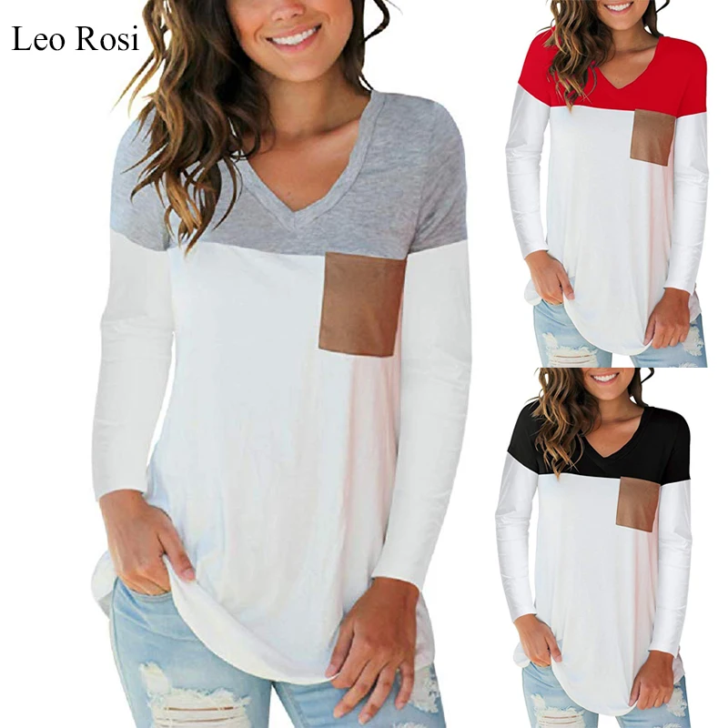 

Leo Rosi summer women long sleeve loose t-shirt stitching color casual t-shirt DT03
