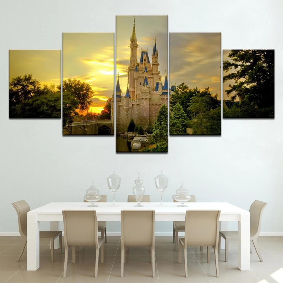 5 Pieces Printed cinderella castle Paintings Wall Art Canvas Modular
