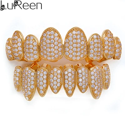 LuReen Iced Out Grillz Vampire Fangs Grillz Top Bottom Gold Teeth Hip Hop Tooth Caps CZ Crystal Bling Grillz Rapper Jewelry gold set