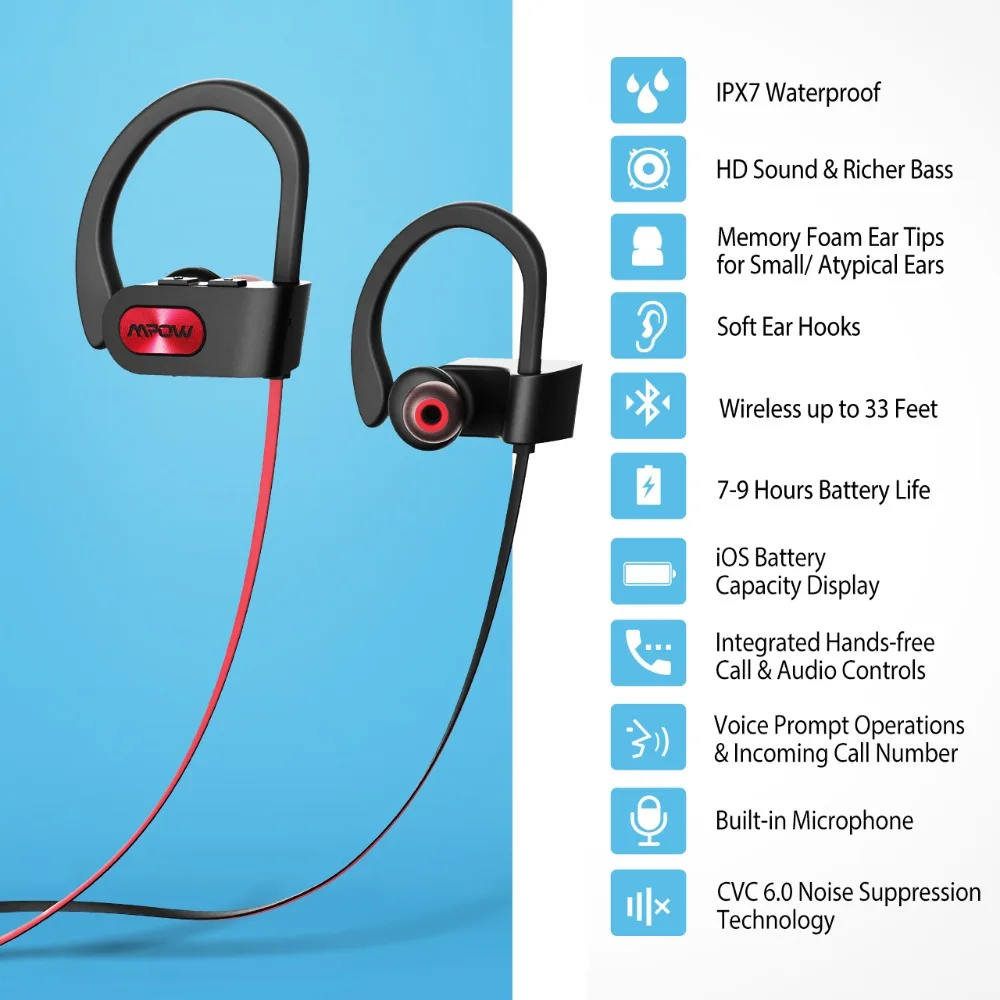 Цена Mpow пламя IPX7 водонепроницаемый Bluetooth 4,1 наушники с шумоподавлением Наушники Hi Fi стерео Беспроводные спортивные наушники с микрофоном чехол