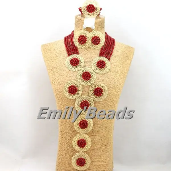 

Red Coral African Beads Jewelry Set Nigerian Wedding Bridal Necklace Jewelry Set Unique Jewerly Sets Free Shipping CJ371