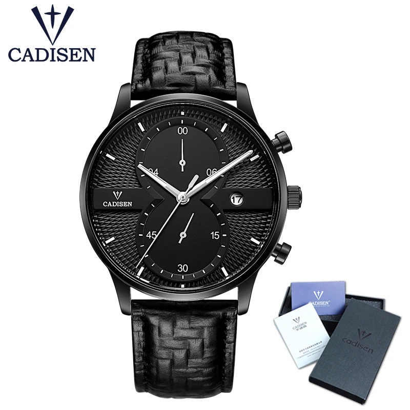 

CADISEN Top Men Watch Business Fashion Luxury Chronograph Waterproof Calender Quartz Movement Wrist Watch Leather Strap
