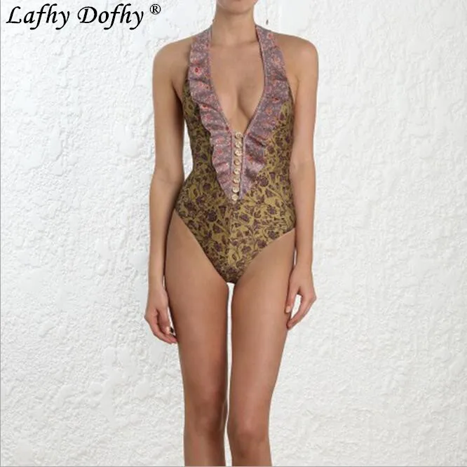 

Europe and america high-end big name ruffle hanging neck manual button open back cover belly sexy siamese women's swimsuit 823