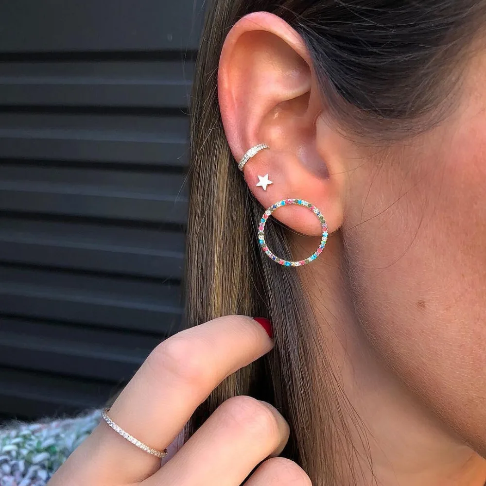 

3 pieces/set Simple Stud Earrings Set Star Pentagram Hollow Colorful Rhinestone Earring Ear Circle Cuff For Women Jewelry Gift