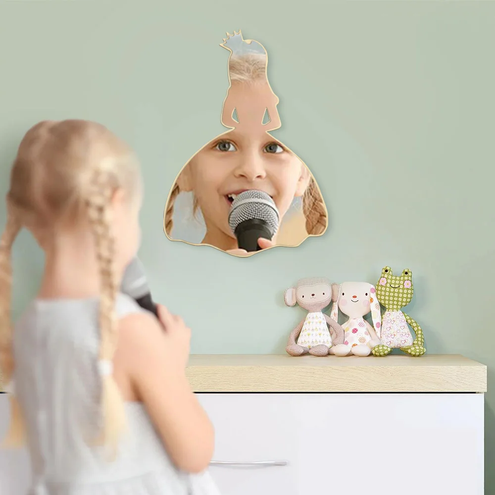 Espejo decorativo de pared de princesa para habitación de niña, colgante de pared, espejo de madera acrílico, espejo de maquillaje de seguridad para habitación de niños Espejo decorativo de pared de princesa para habitación de niña, colgante de pared, espejo de madera acrílico, espejo de maquillaje de seguridad para habitación de niños