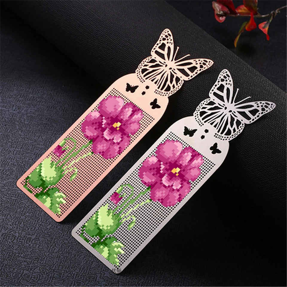 

Stich Cross Stitch Bookmark Metal Silver Golden Needlework Embroidery Crafts Counted Cross-Stitching Kit Pansy