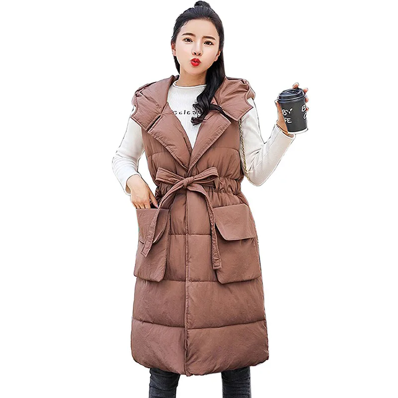 

Autumn Winter Vest Women Waistcoat New Sleeveless Down Cotton Vest Jacket Hood Warm Long Vest Colete Feminino Winter Coat Female