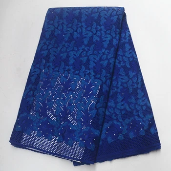 

Sapphire blue high quality Swiss voile lace in Switzerland 100% cotton African embroidery with stone 5 yards for party dresses