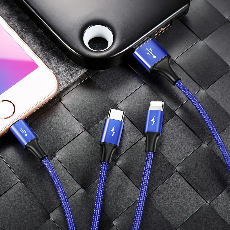 Baseus 3 в 1 USB кабель для iPhone XS Max XR X 8 samsung huawei зарядное устройство Micro USB кабель 2 в 1 мобильный телефон usb type c кабель